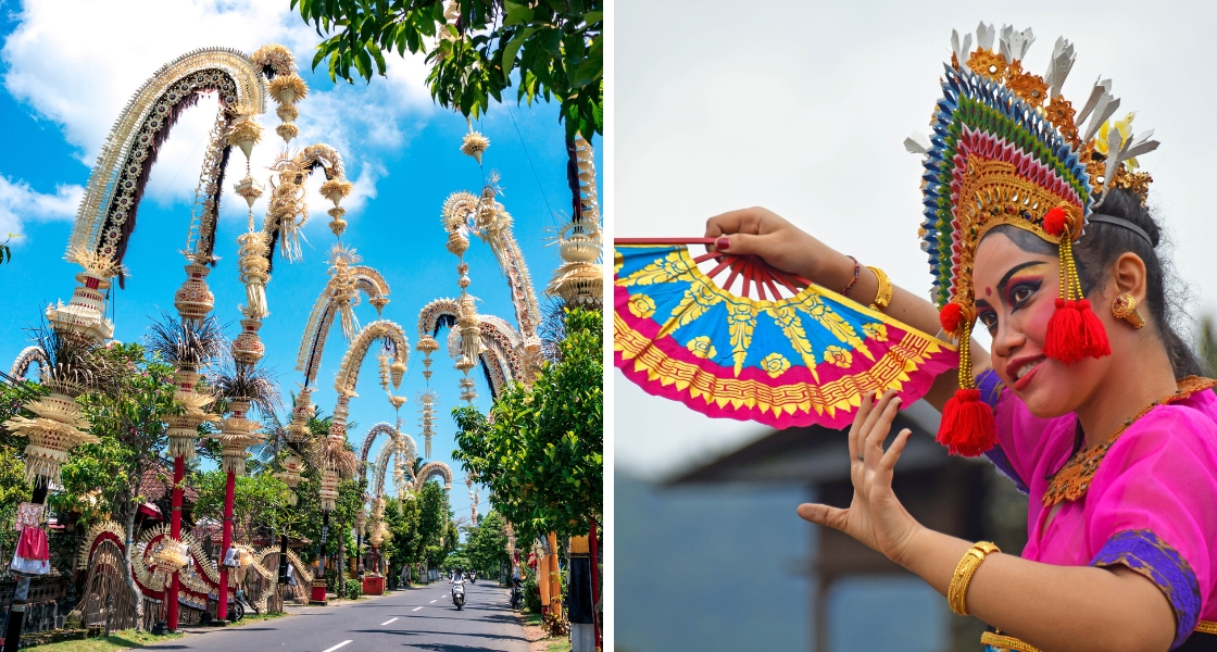 Penjor and a Balinese woman performing traditional dance in Bali