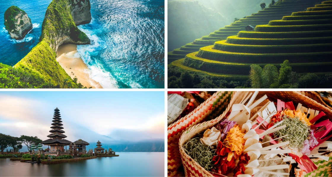 Nusa Penida, rice terraces, Ulun Danu Beratan Temple, Canang Sari baskets in Bali