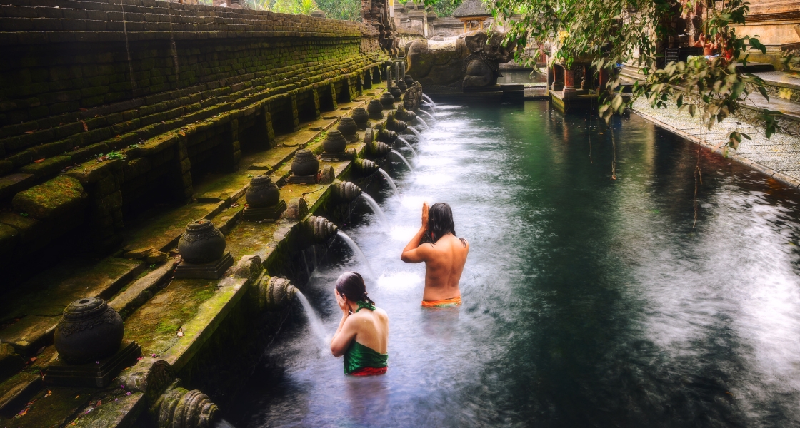 Bathing in the holy spring water at Tirta Empu near Ubud on the island of Bali