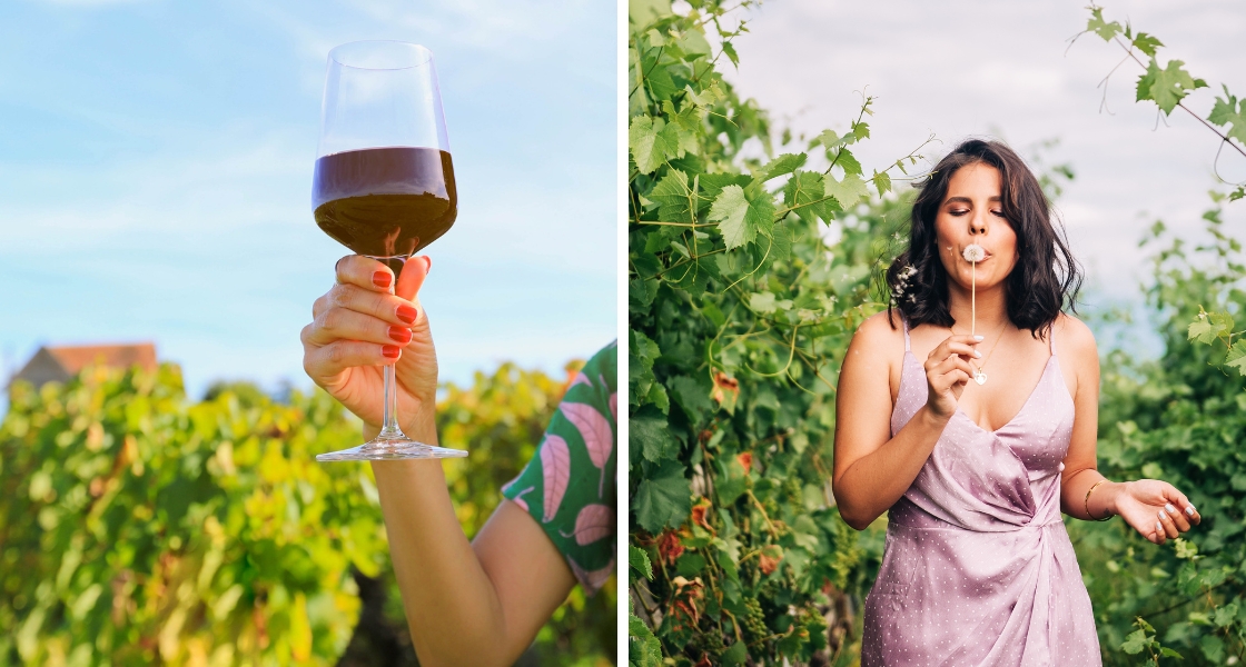 Glass of red wine in Burgundy and woman being joyful amongst the grapevines