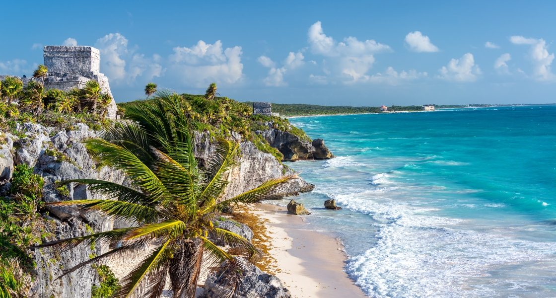 Mayan ruins in Tulum, overlooking the sea in the Riviera Maya