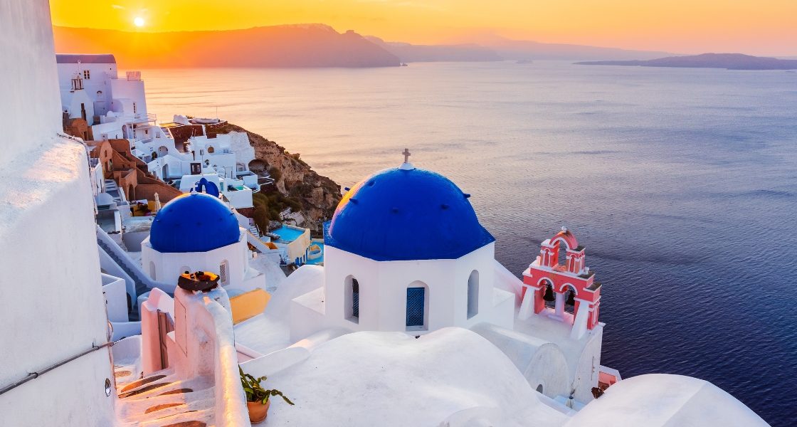 Oia village on Santorini, at sunrise